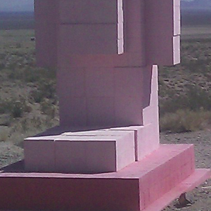 Strange cinder block lady in Rhyolite, NV; towards Death Valley